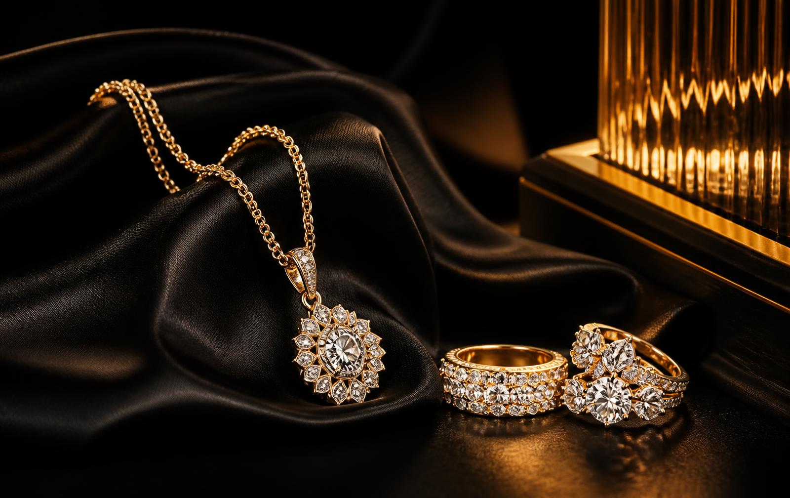 Collar y anillos de oro con diamantes sobre seda negra